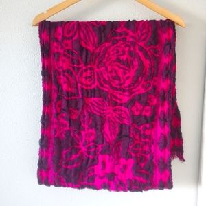 Beautiful Floral Print Scarf Wrap Raw Hem Black and Pink Fuchsia 77x17" …